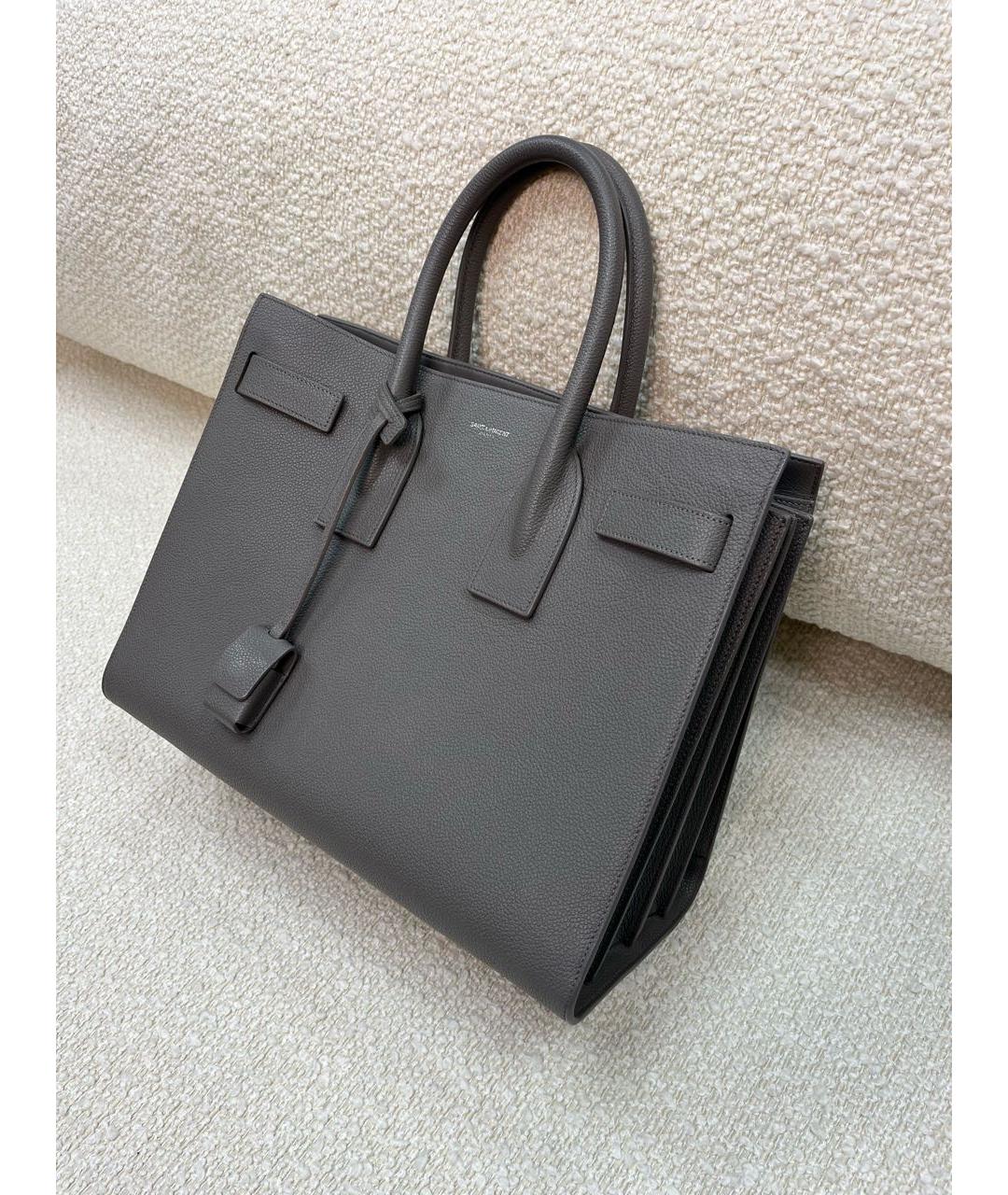 SAINT LAURENT Серая кожаная сумка с короткими ручками, фото 5