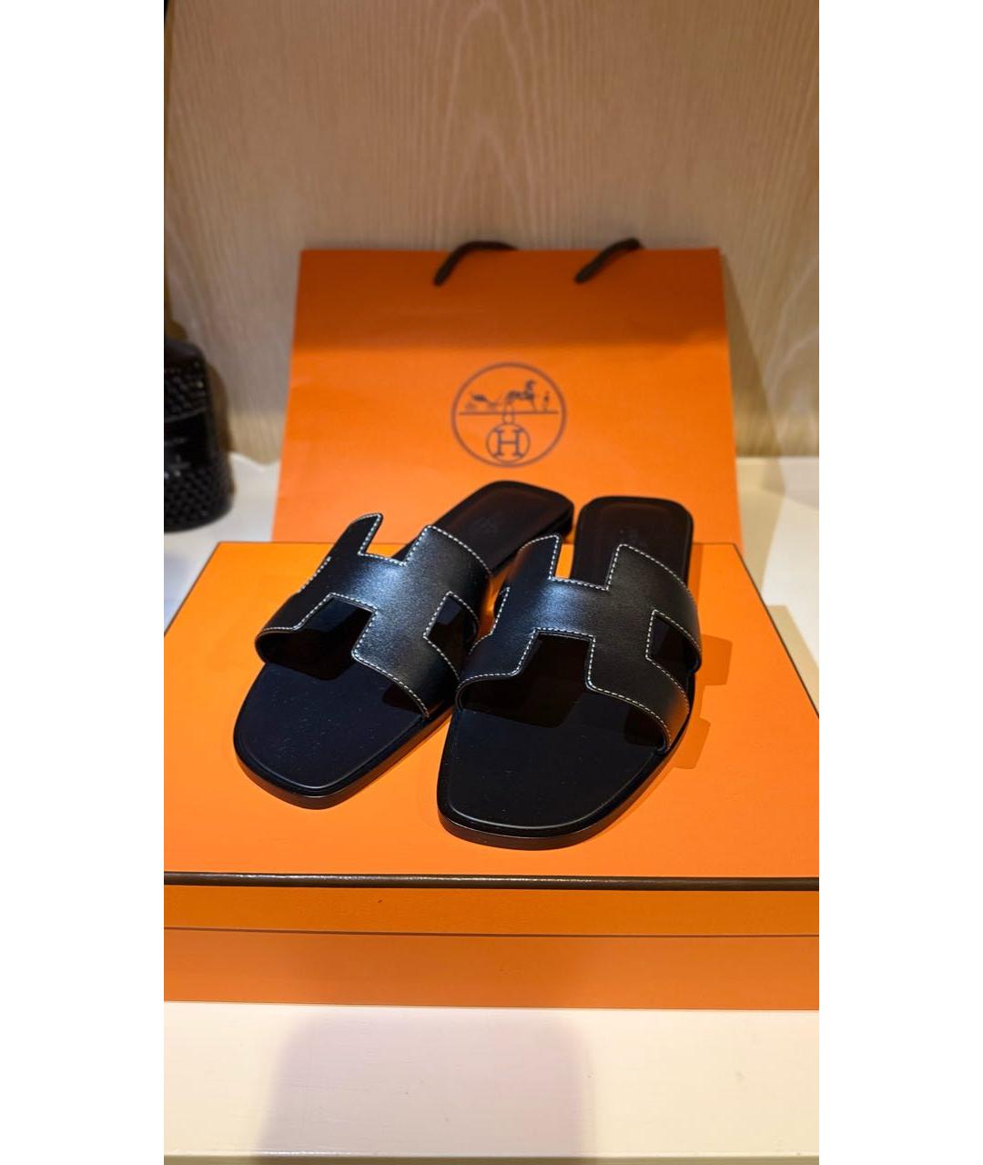 HERMES Черные кожаные шлепанцы, фото 8