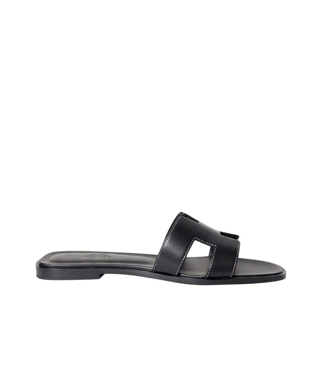 HERMES Черные кожаные шлепанцы, фото 1