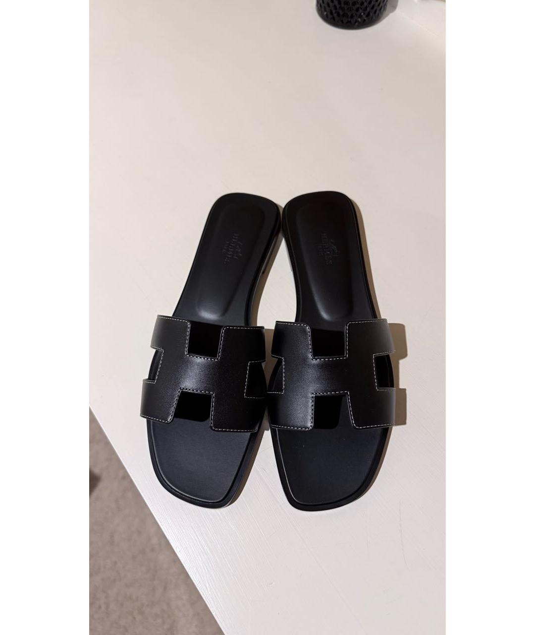 HERMES Черные кожаные шлепанцы, фото 2