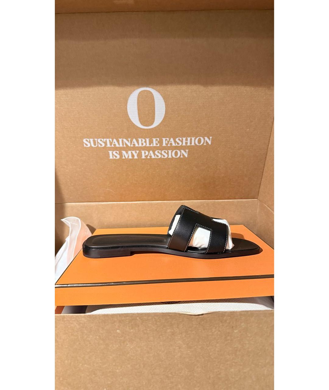 HERMES Черные кожаные шлепанцы, фото 9