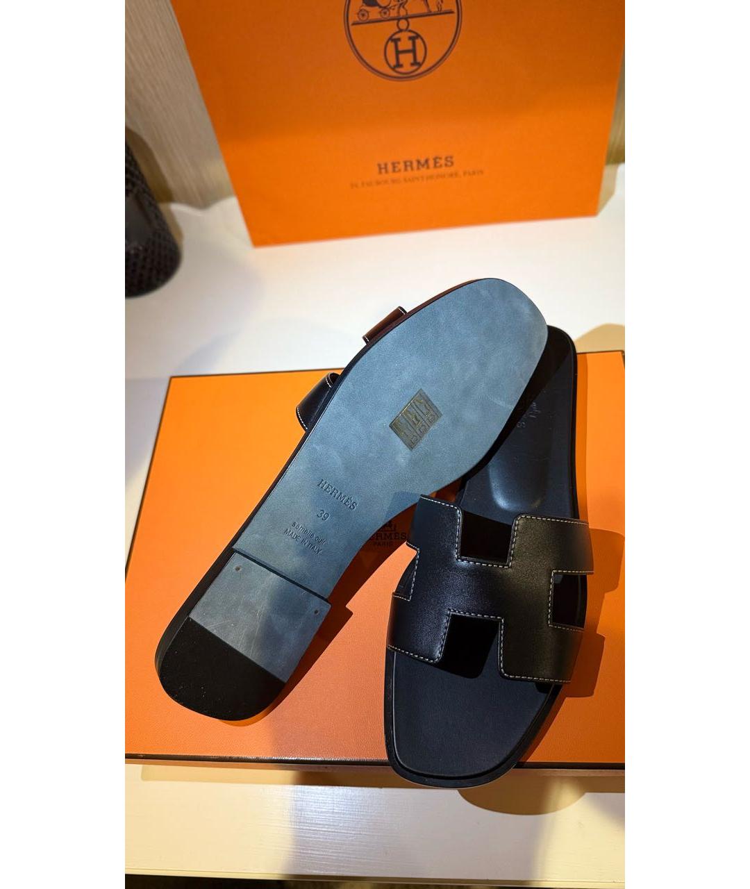 HERMES Черные кожаные шлепанцы, фото 6