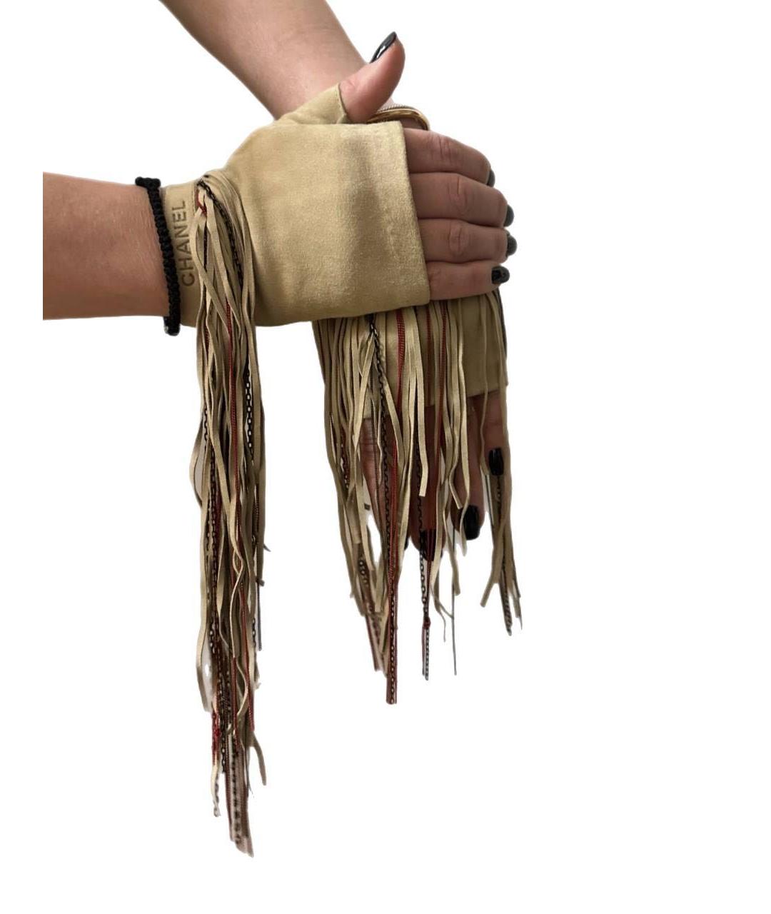 CHANEL Бежевые кожаные митенки, фото 3