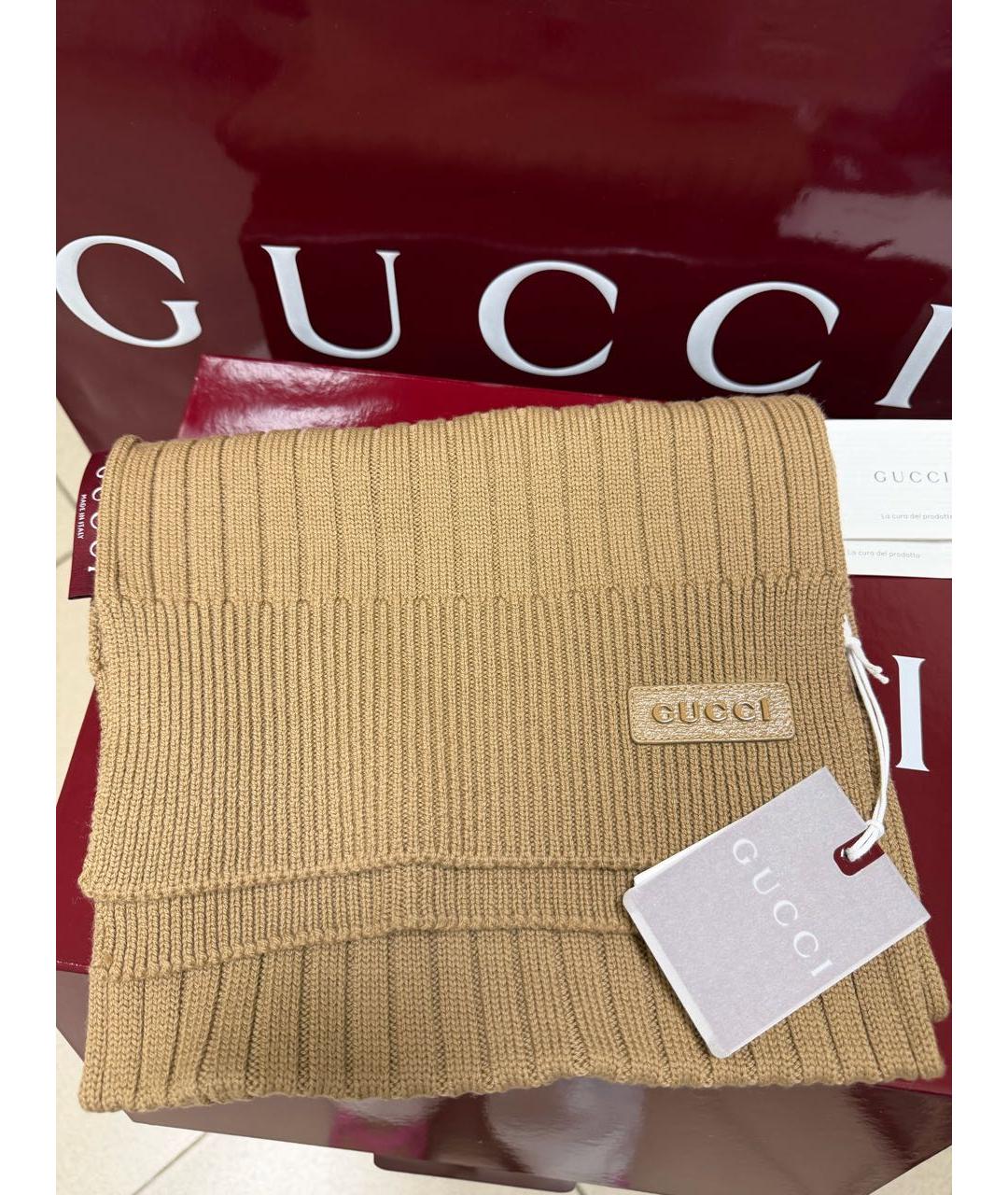 GUCCI Бежевый шерстяной шарф, фото 7