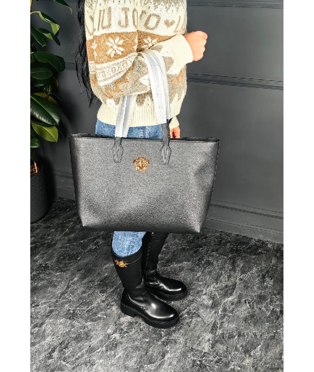 VERSACE Черная кожаная сумка тоут, фото 6