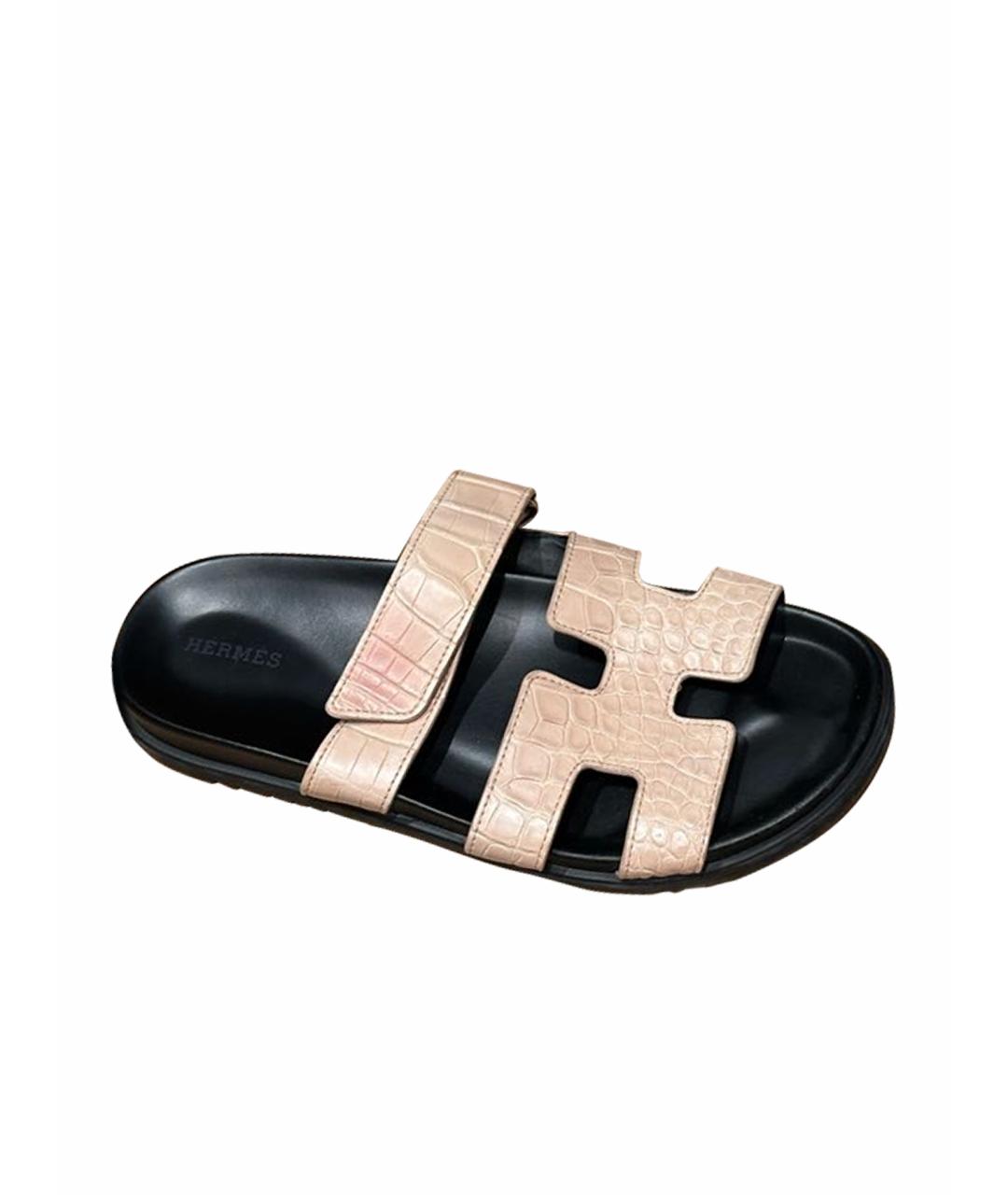 HERMES Розовые шлепанцы из экзотической кожи, фото 1