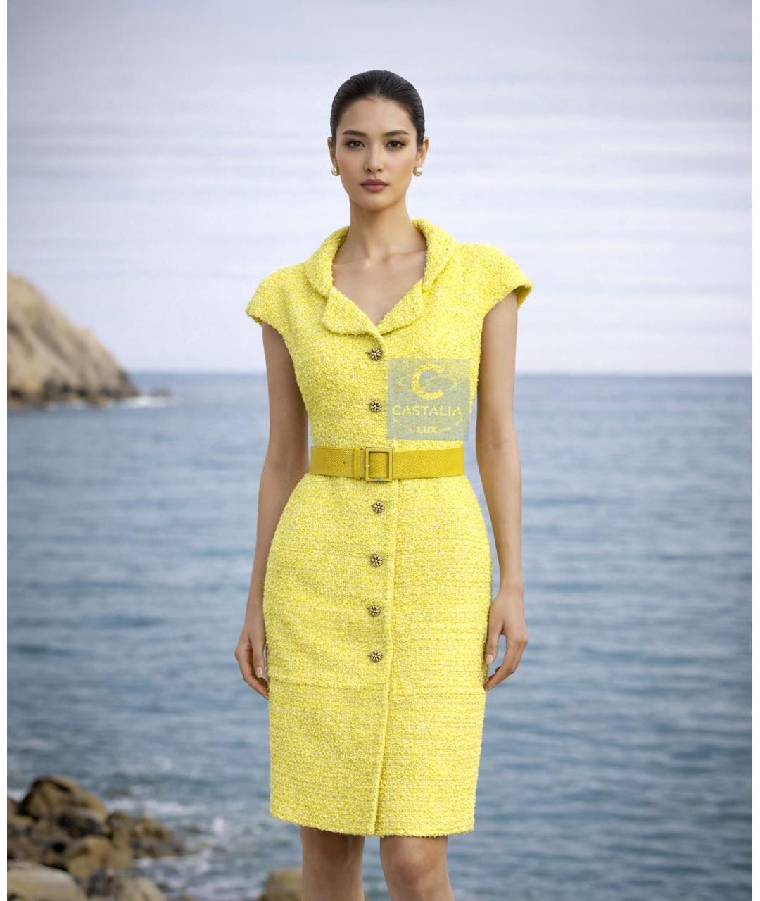 CHANEL Желтое твидовое коктейльное платье, фото 5