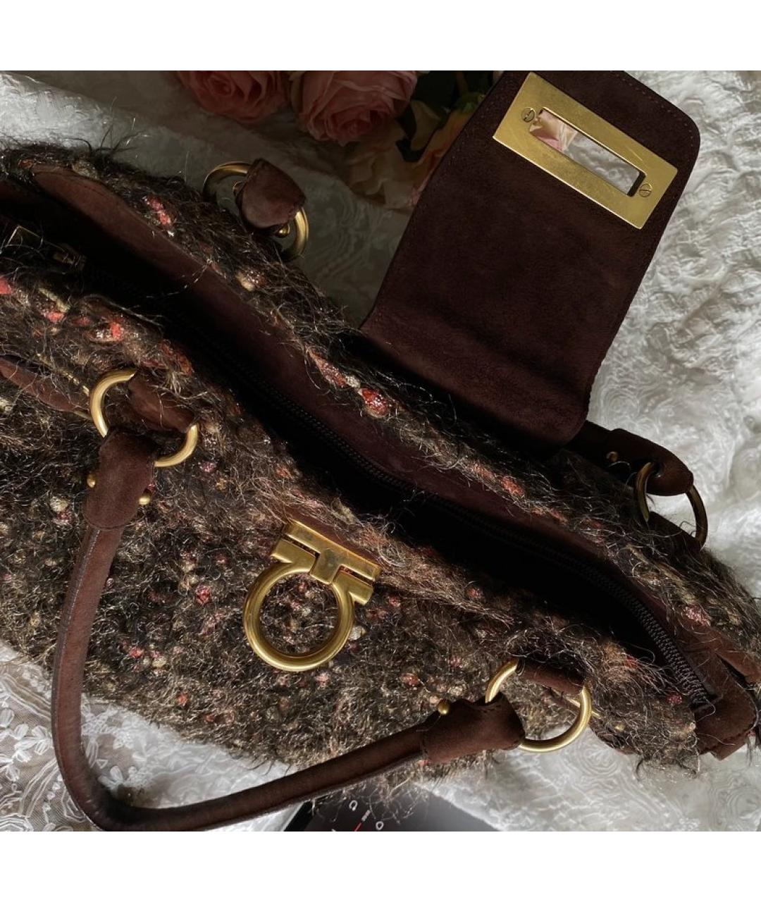 FERRAGAMO Коричневая твидовая сумка с короткими ручками, фото 5