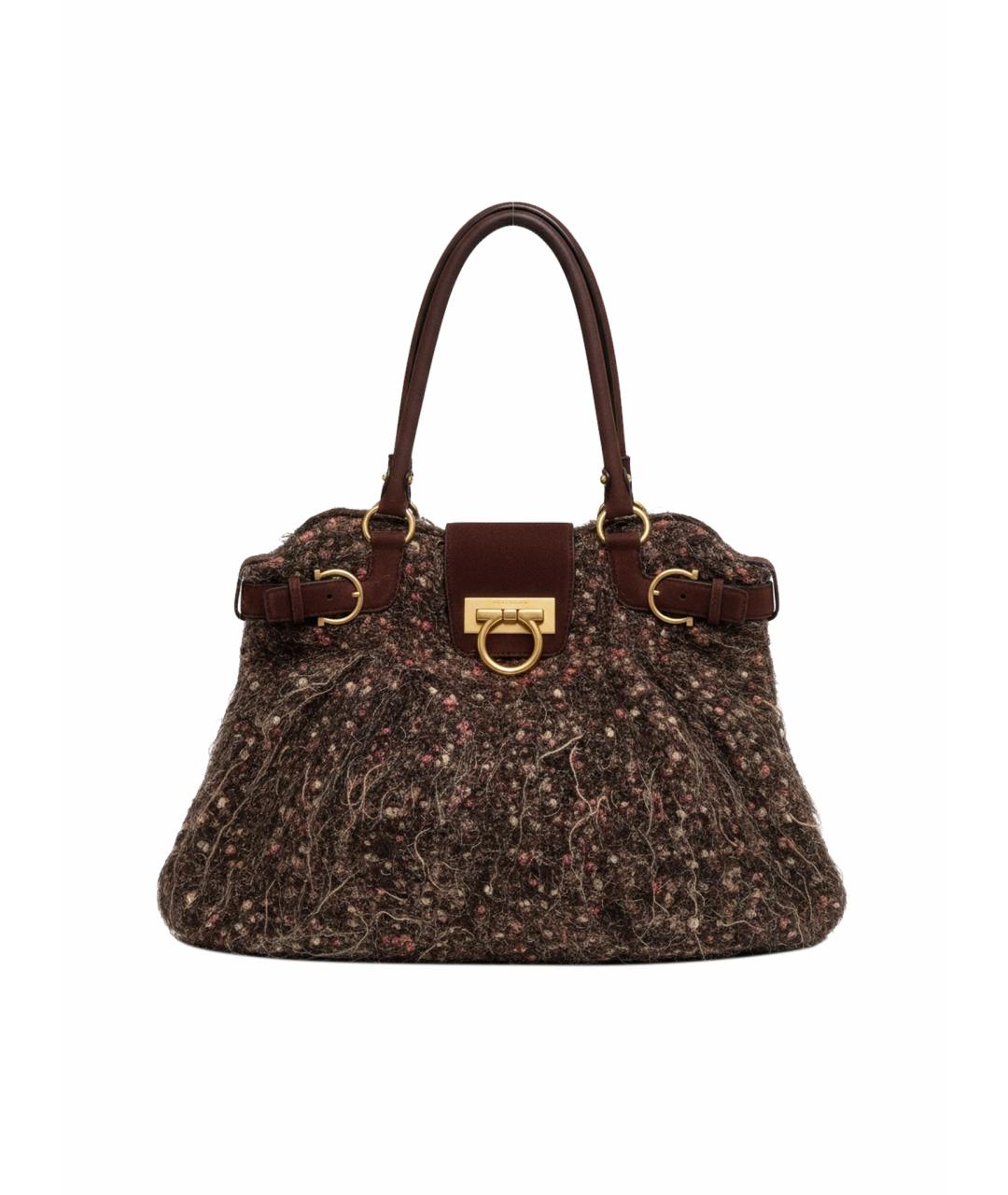 FERRAGAMO Коричневая твидовая сумка с короткими ручками, фото 1