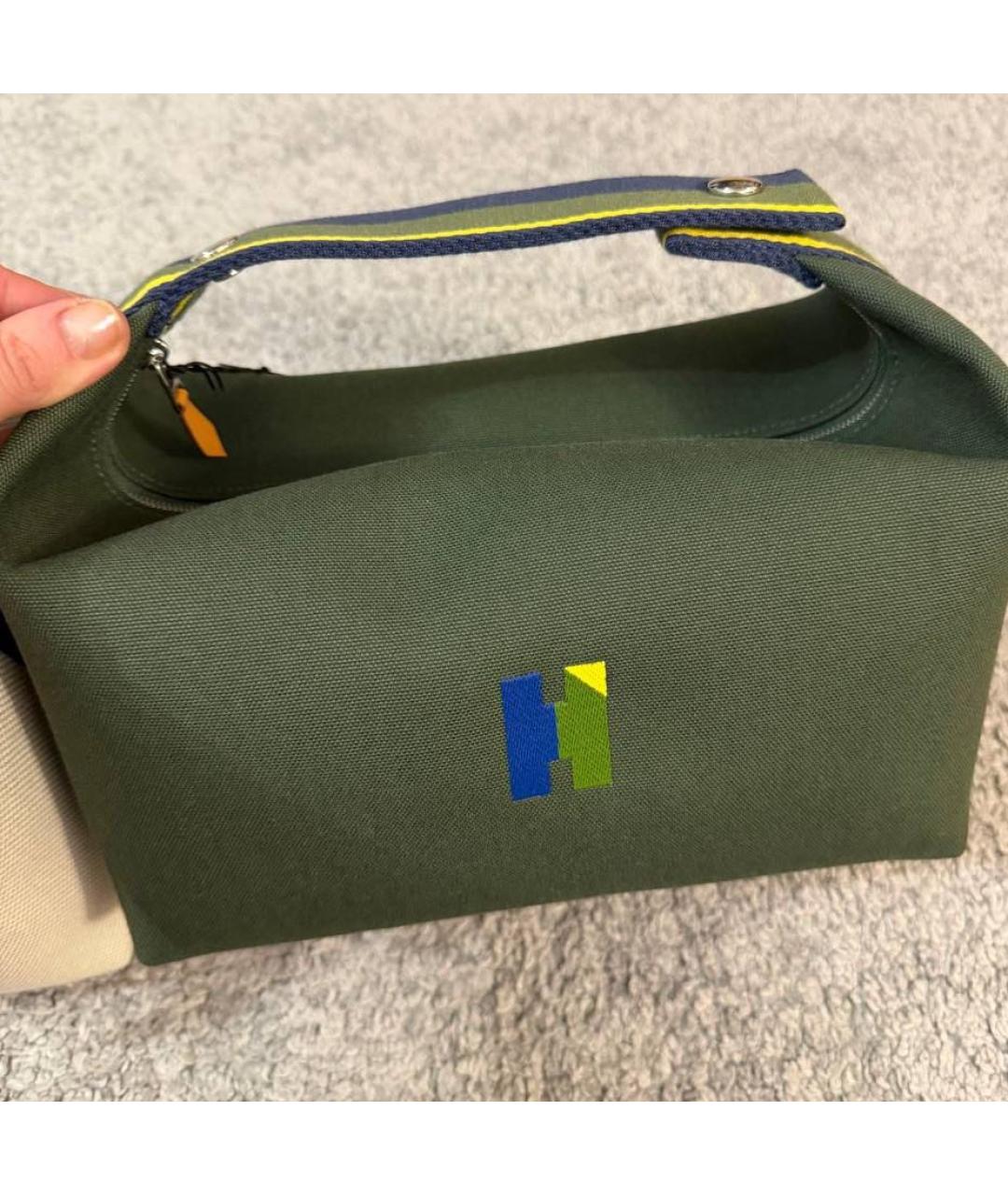 HERMES Хаки тканевая косметичка, фото 4