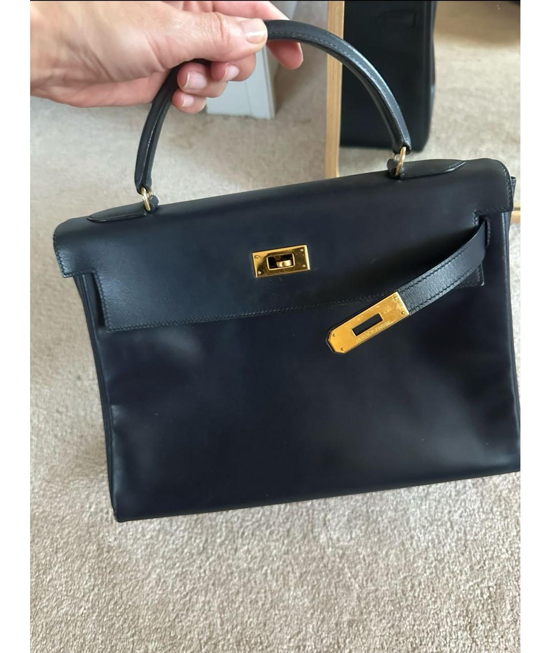 HERMES Темно-синяя кожаная сумка с короткими ручками, фото 4
