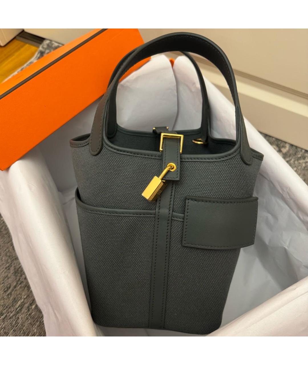 HERMES Зеленая тканевая сумка с короткими ручками, фото 4