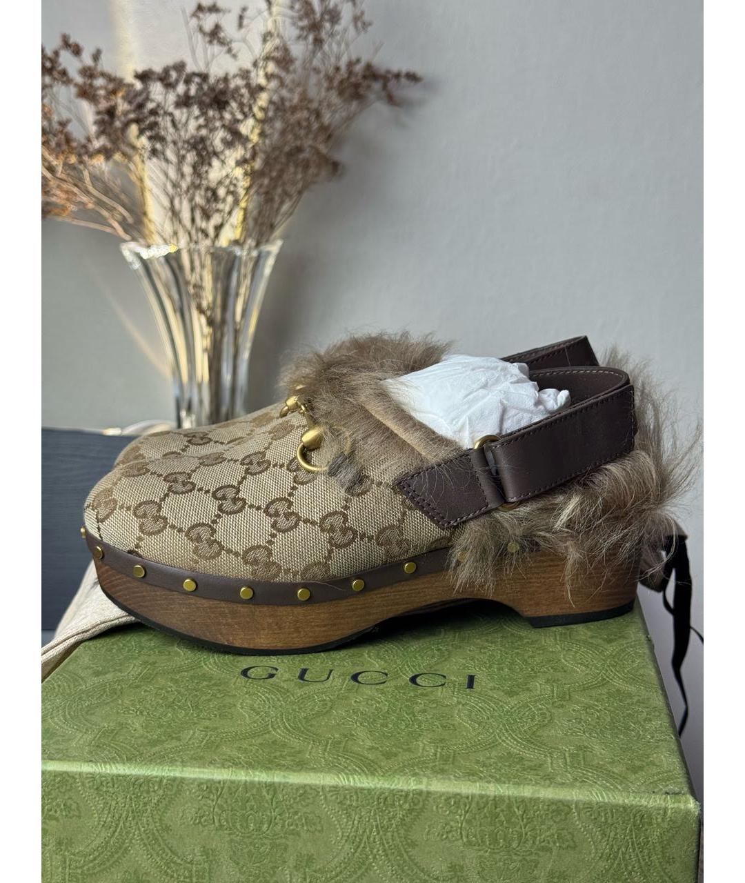 GUCCI Коричневые текстильные сабо, фото 8