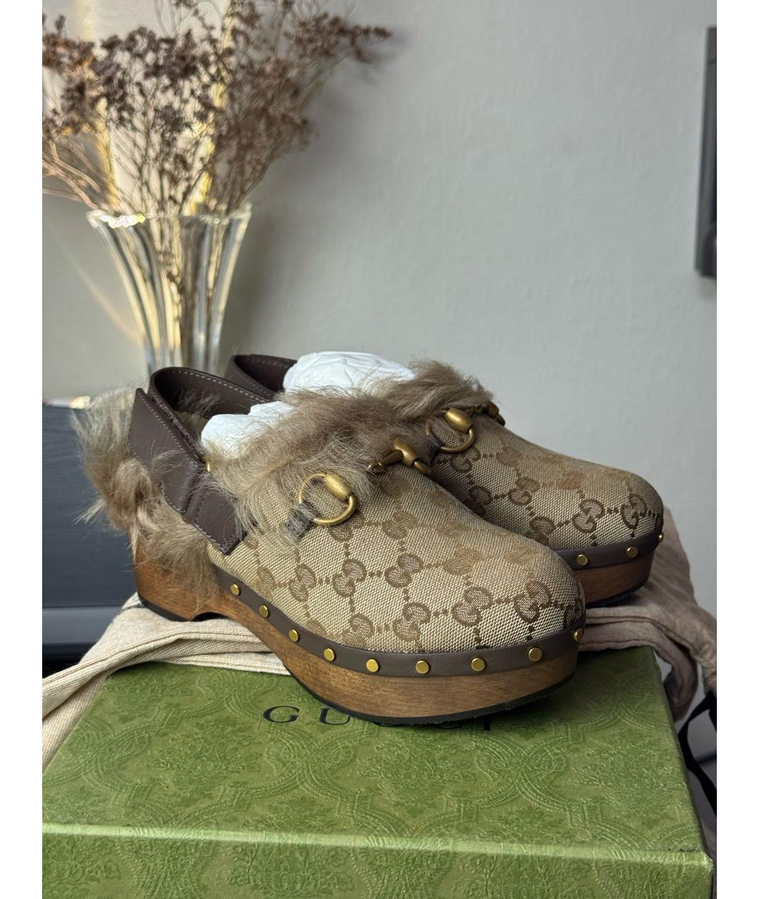 GUCCI Коричневые текстильные сабо, фото 2