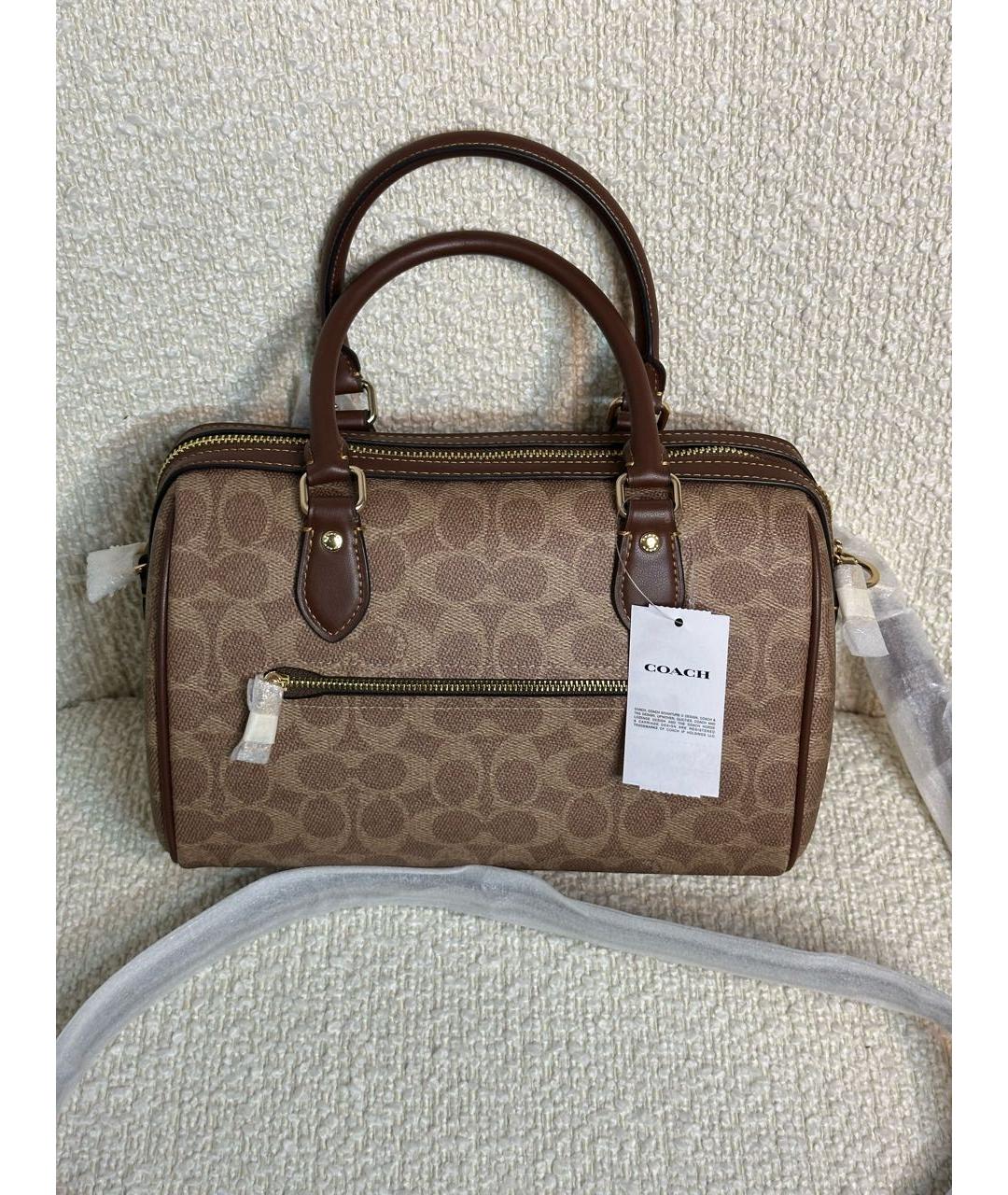 COACH Коричневая кожаная сумка с короткими ручками, фото 6