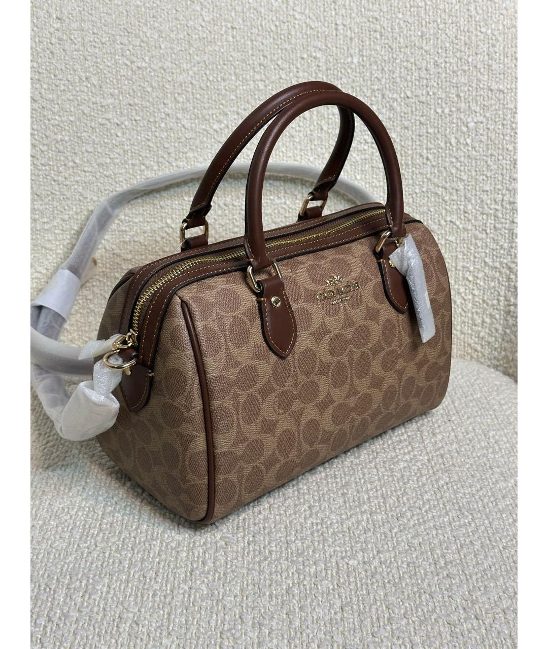 COACH Коричневая кожаная сумка с короткими ручками, фото 2