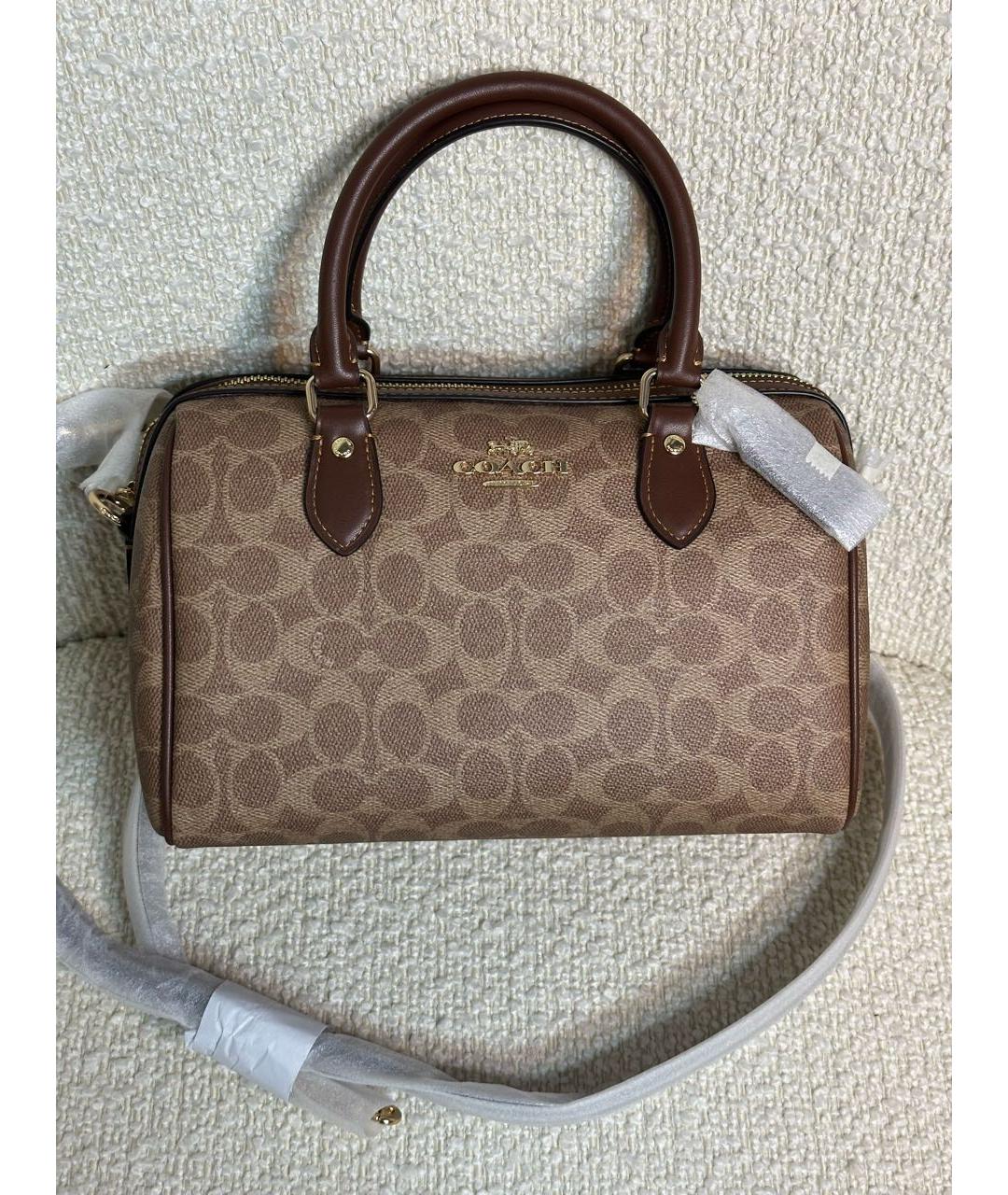 COACH Коричневая кожаная сумка с короткими ручками, фото 5