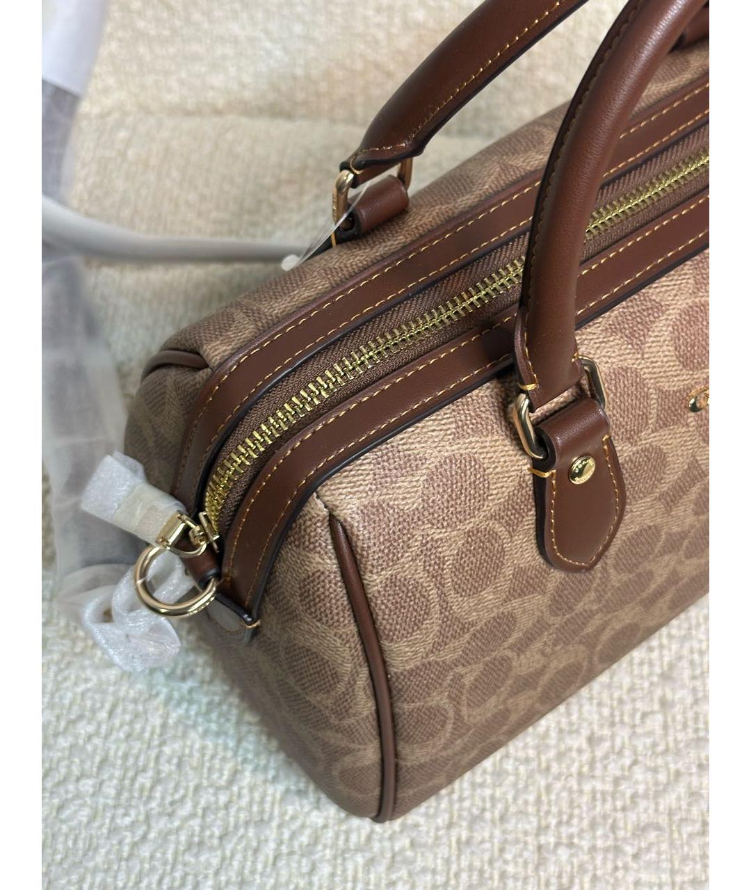 COACH Коричневая кожаная сумка с короткими ручками, фото 4