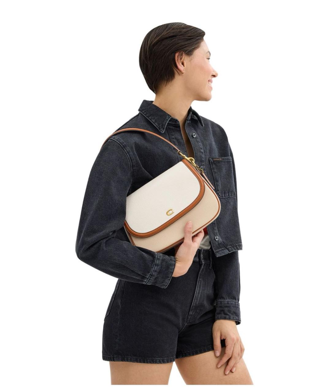 COACH Бежевая кожаная сумка с короткими ручками, фото 6