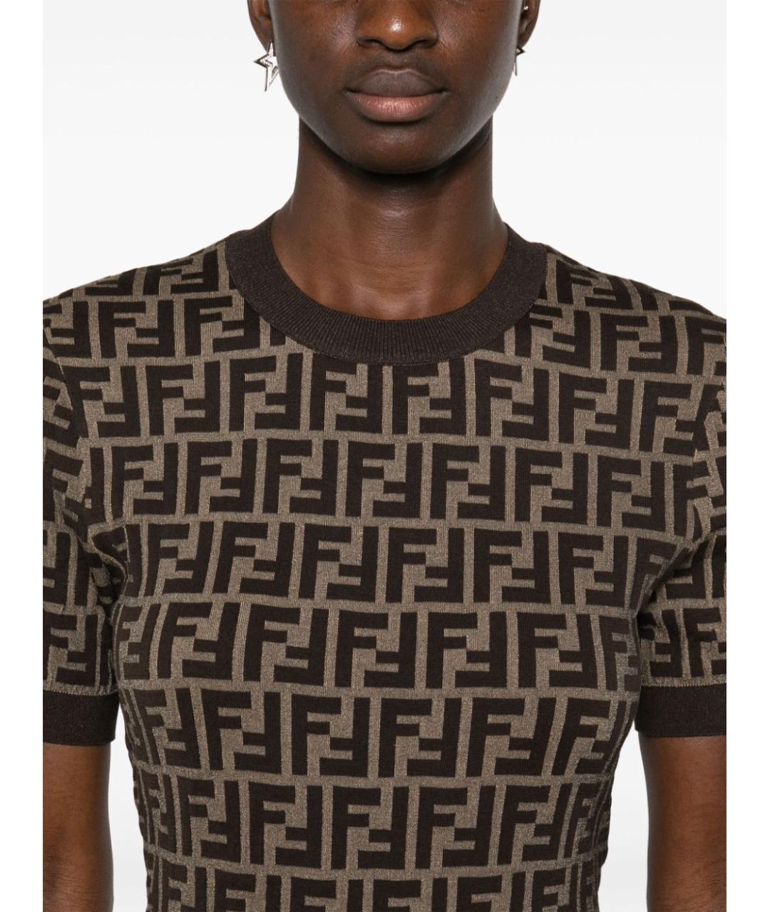 FENDI Коричневая хлопковая футболка, фото 2