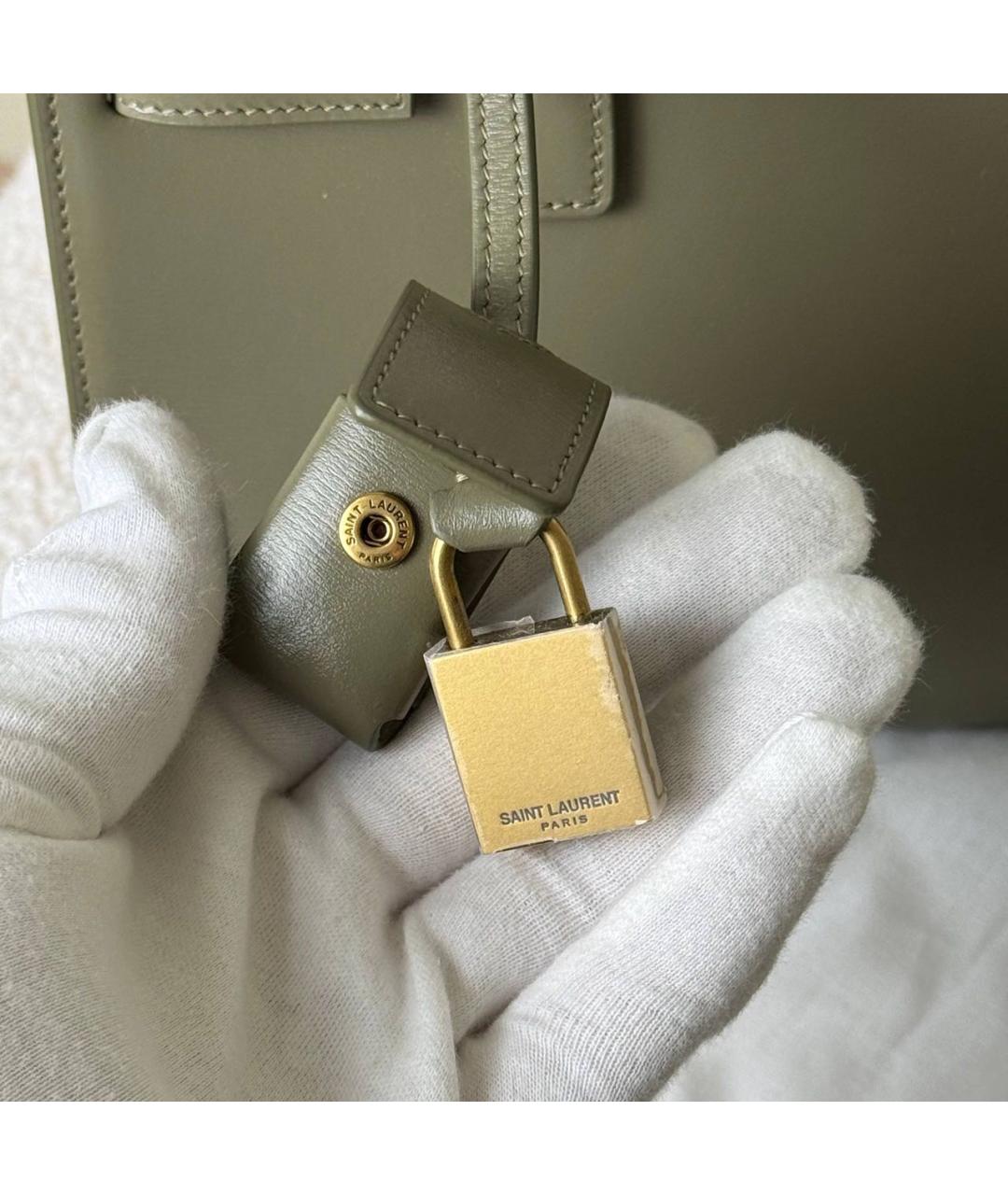 SAINT LAURENT Хаки кожаная сумка с короткими ручками, фото 5