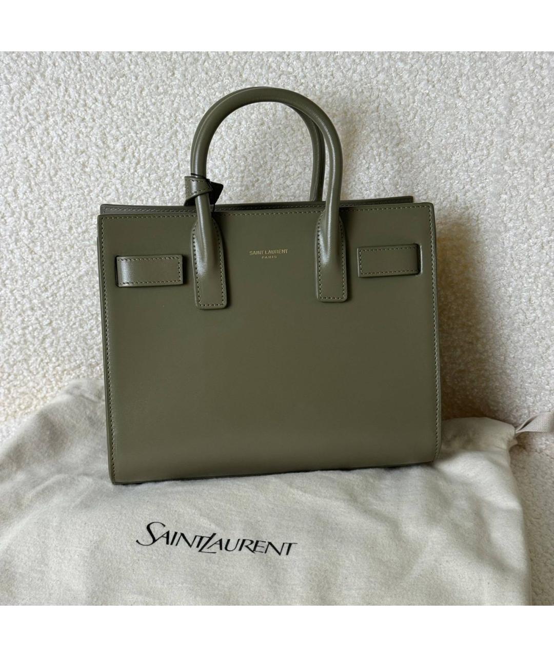 SAINT LAURENT Хаки кожаная сумка с короткими ручками, фото 6