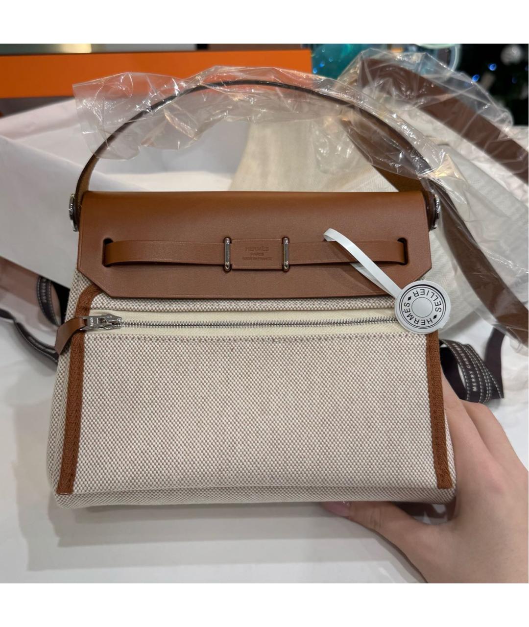 HERMES Бежевая тканевая сумка через плечо, фото 3