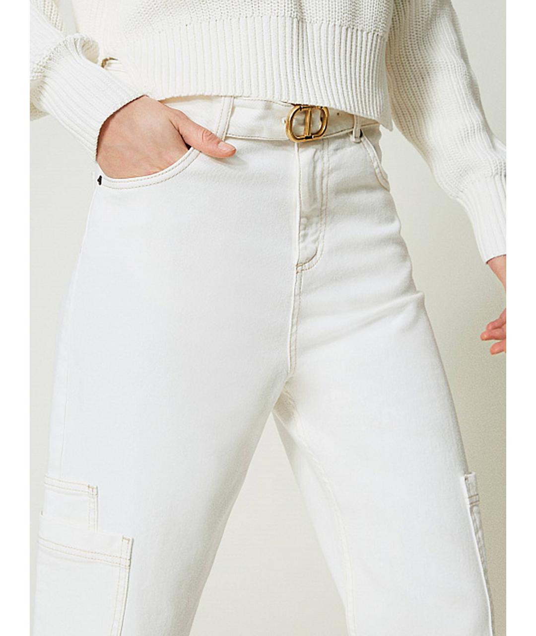 TWIN-SET Белые хлопко-эластановые прямые джинсы, фото 3