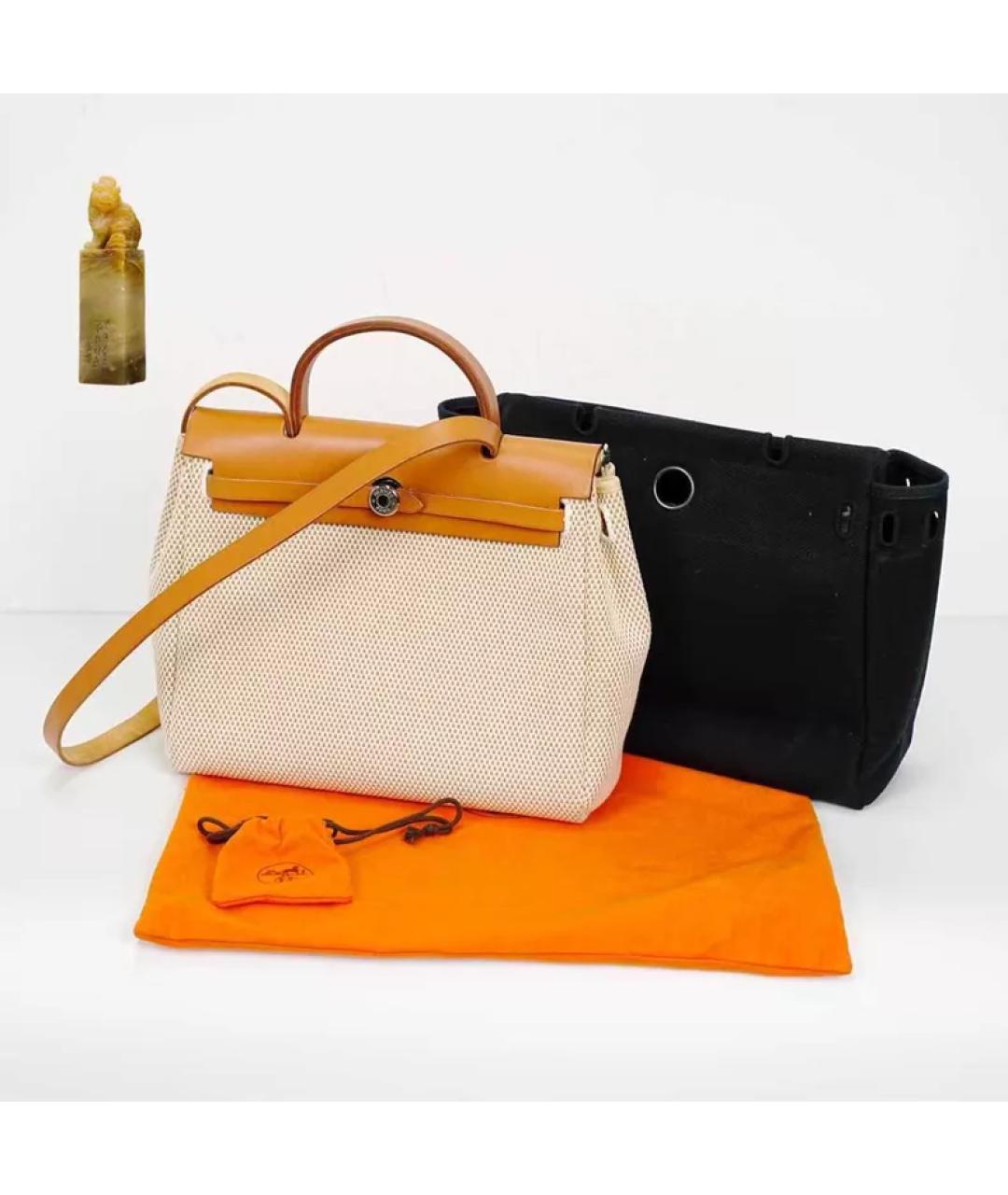 HERMES Бежевая тканевая сумка с короткими ручками, фото 9