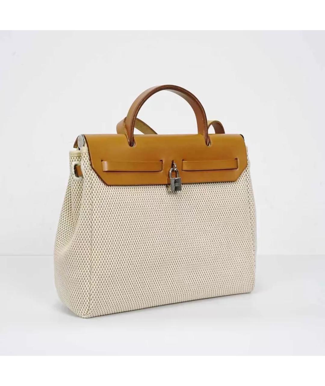 HERMES Бежевая тканевая сумка с короткими ручками, фото 6