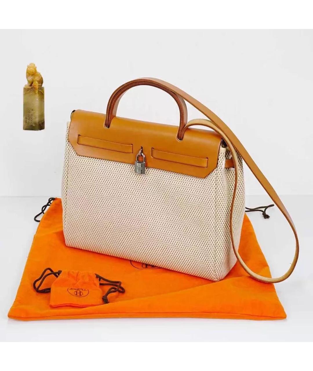 HERMES Бежевая тканевая сумка с короткими ручками, фото 2