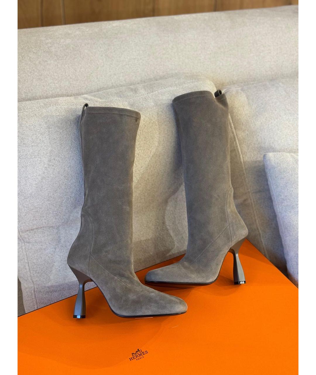 HERMES Серые замшевые сапоги, фото 3