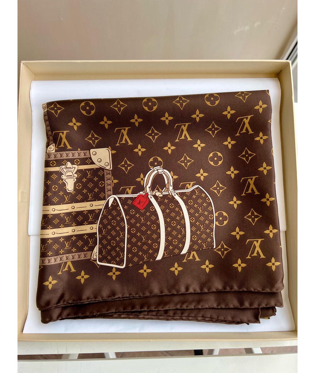 LOUIS VUITTON Коричневый шелковый платок, фото 7