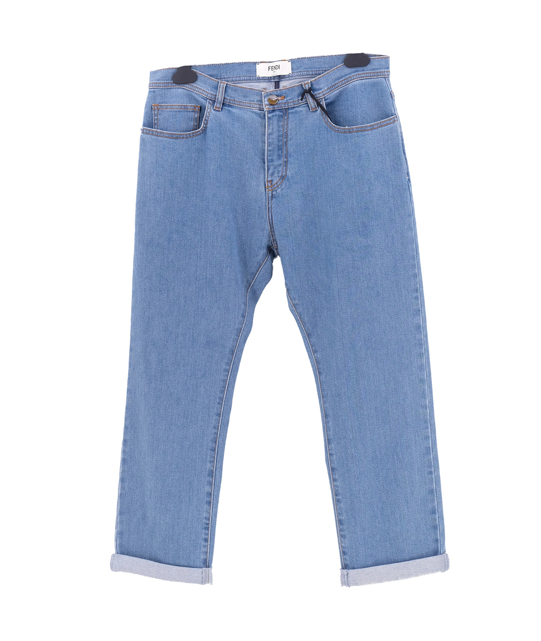 FENDI Голубые хлопко-эластановые прямые джинсы, фото 1
