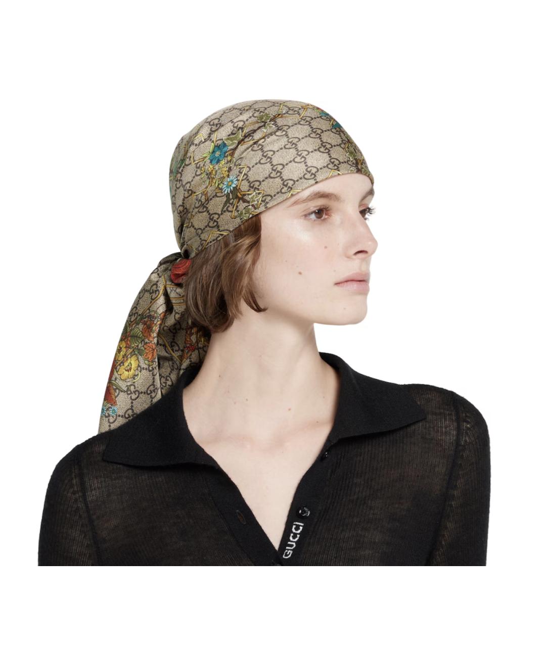 GUCCI Бежевый шелковый платок, фото 3