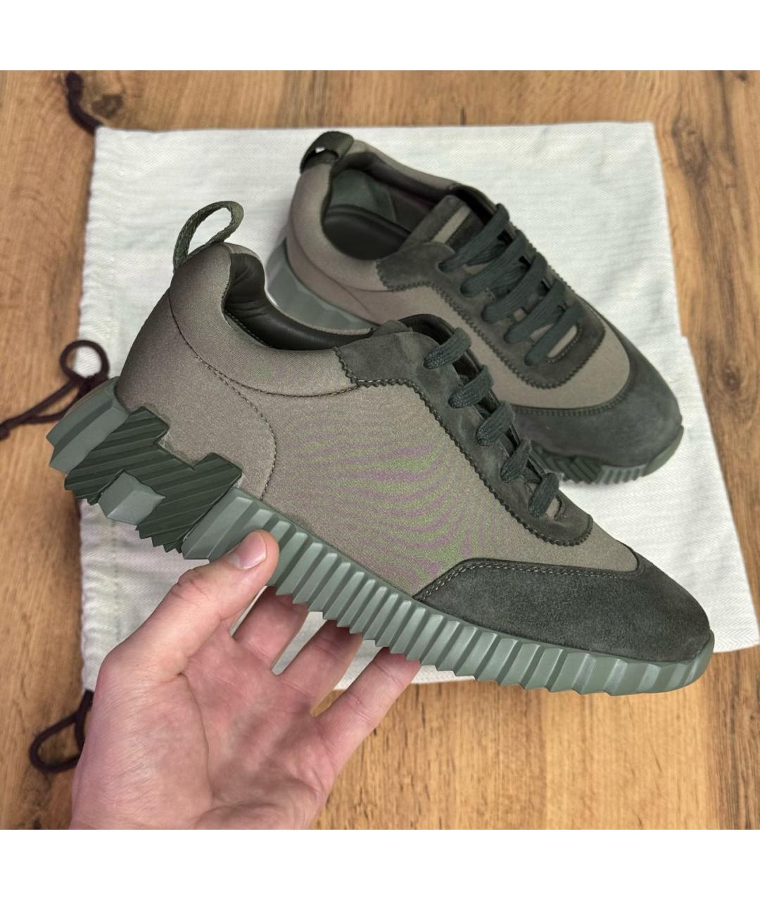 HERMES Хаки текстильные кроссовки, фото 6