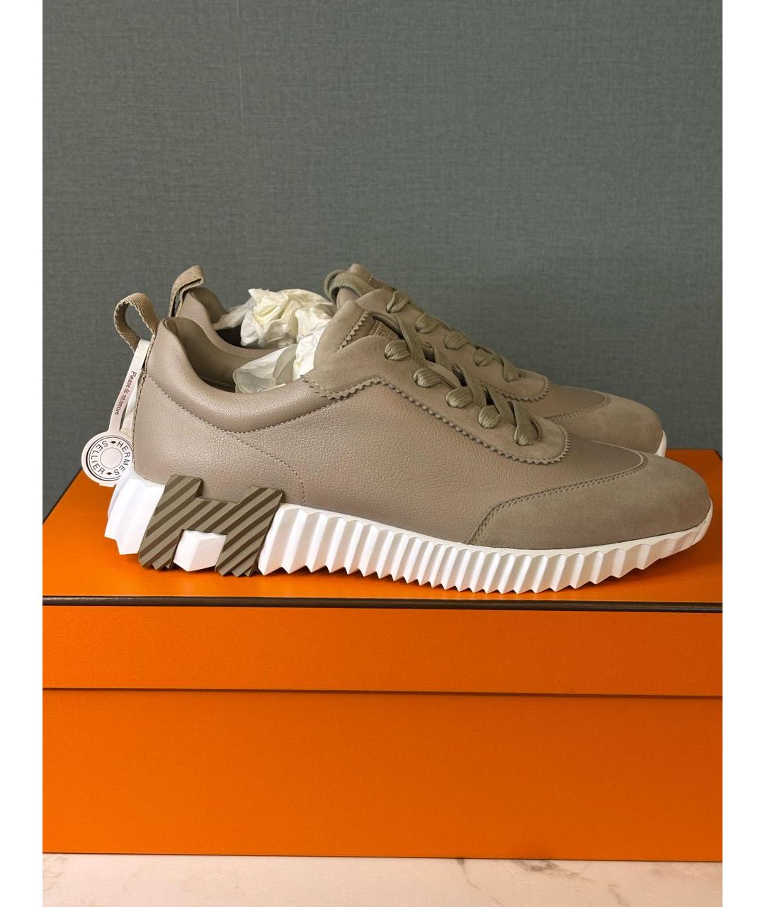 HERMES Бежевые кожаные кроссовки, фото 5