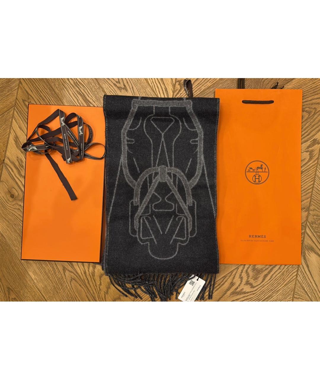 HERMES Черный кашемировый шарф, фото 6