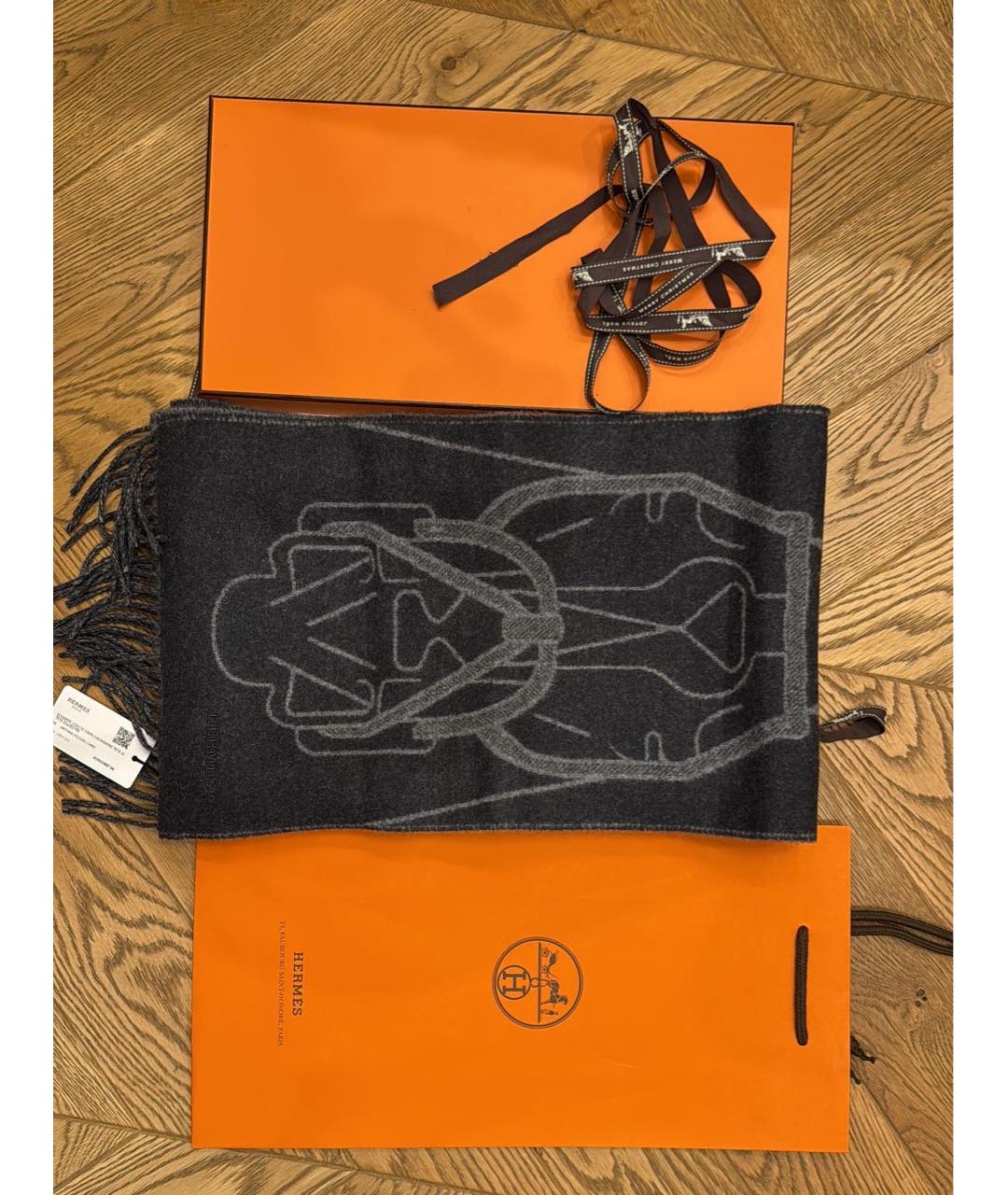 HERMES Черный кашемировый шарф, фото 4