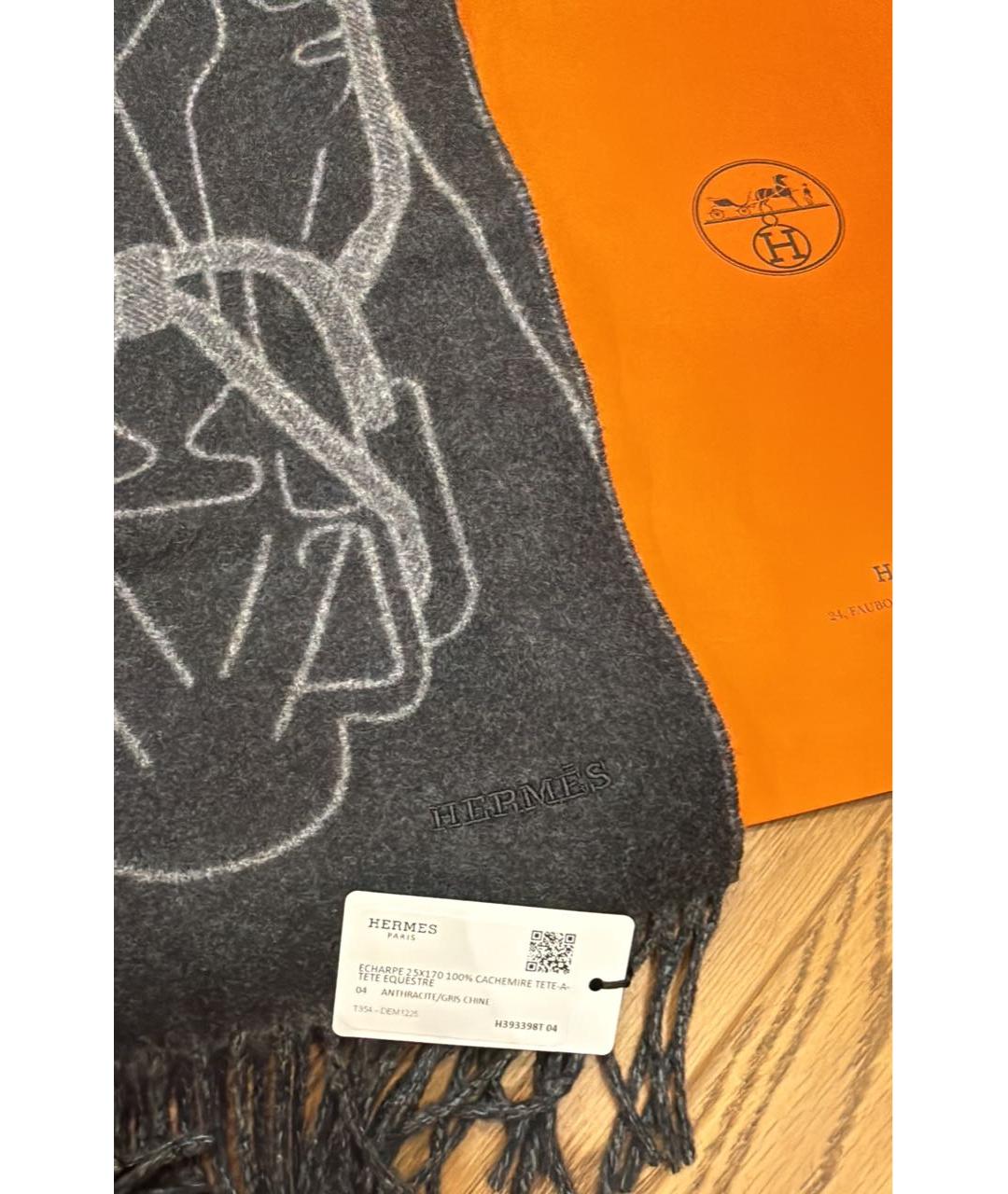 HERMES Черный кашемировый шарф, фото 2