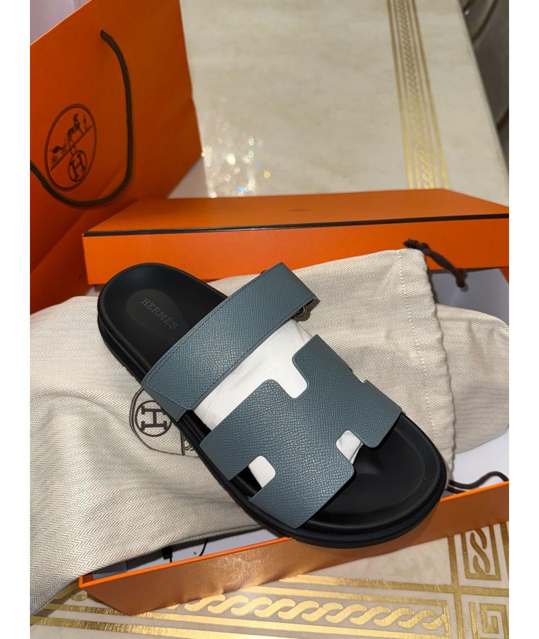HERMES Синие кожаные шлепанцы, фото 4