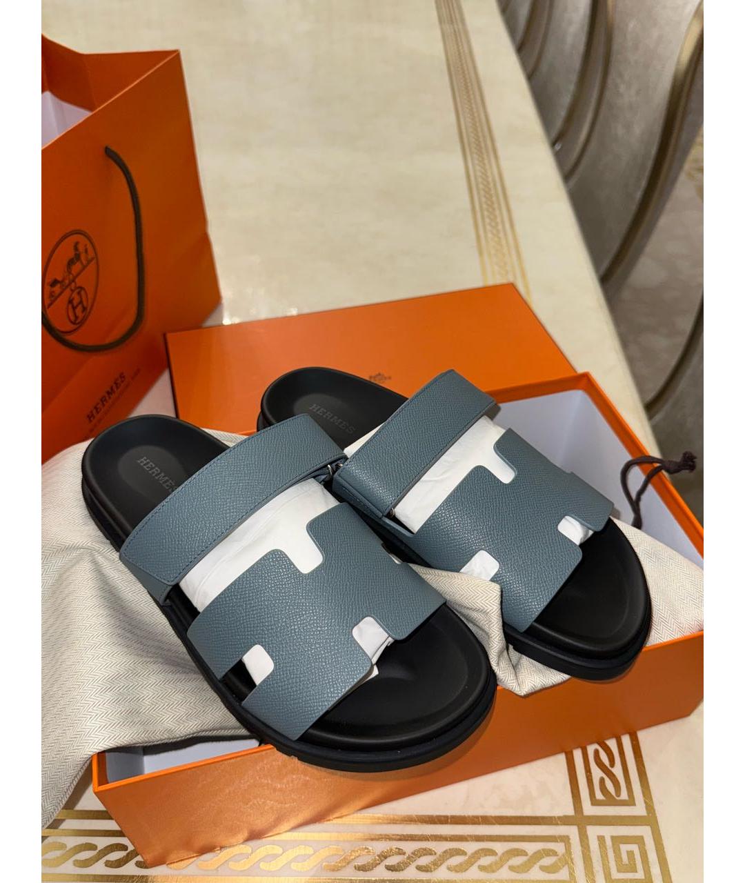 HERMES Синие кожаные шлепанцы, фото 2