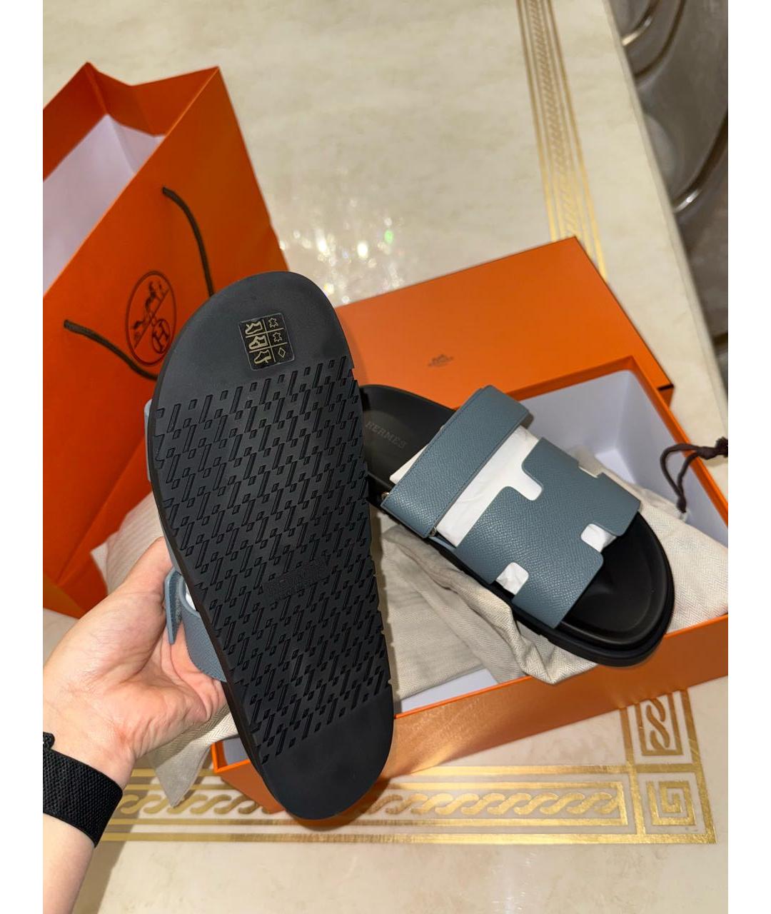 HERMES Синие кожаные шлепанцы, фото 3