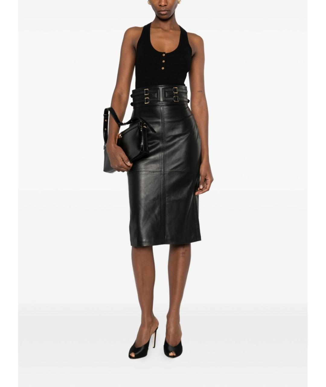 ELISABETTA FRANCHI Черная кожаная юбка миди, фото 2