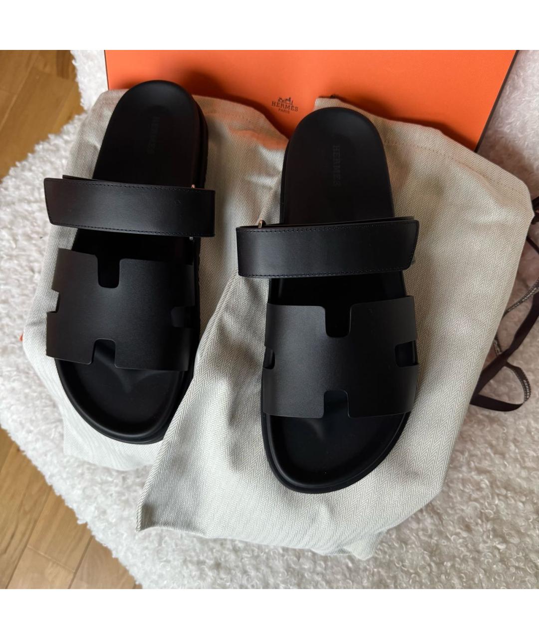 HERMES Черные кожаные шлепанцы, фото 2