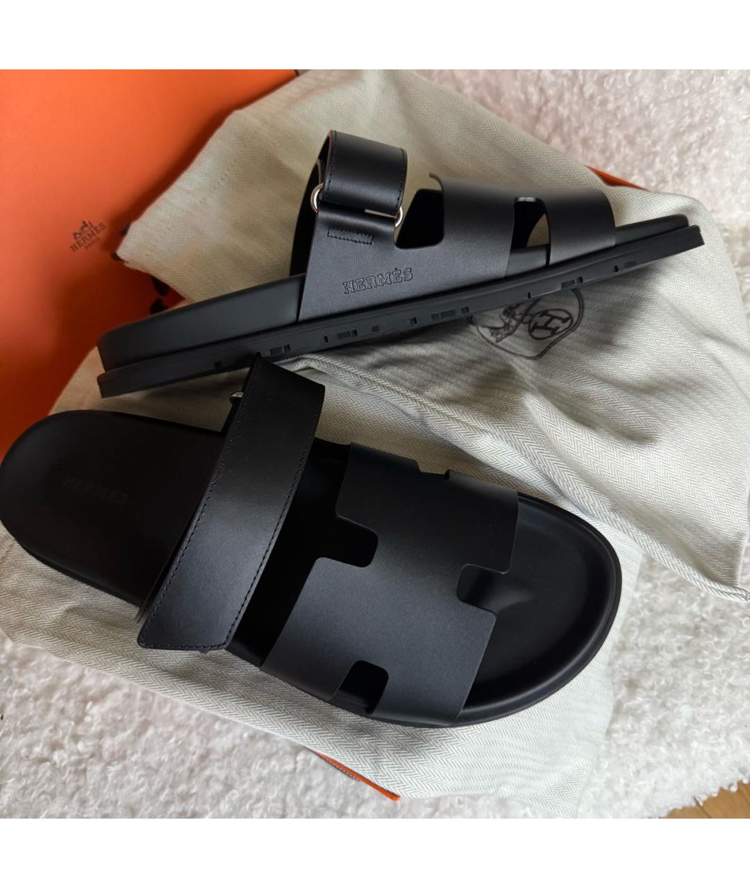 HERMES Черные кожаные шлепанцы, фото 3