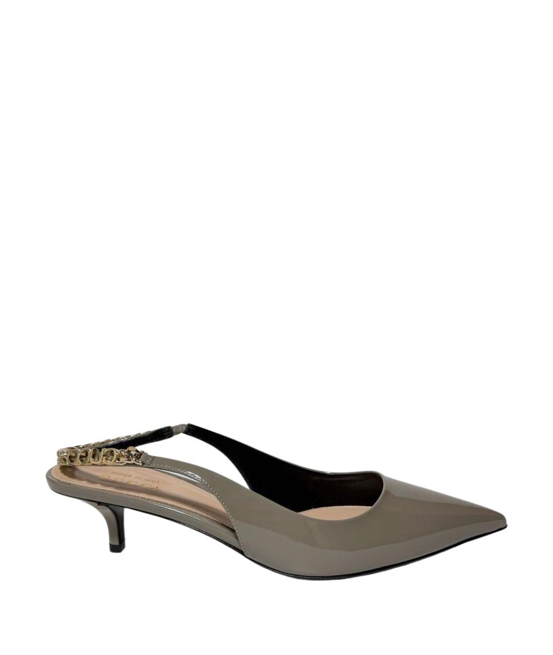 GUCCI Серые лодочки на низком каблуке из лакированной кожи, фото 1