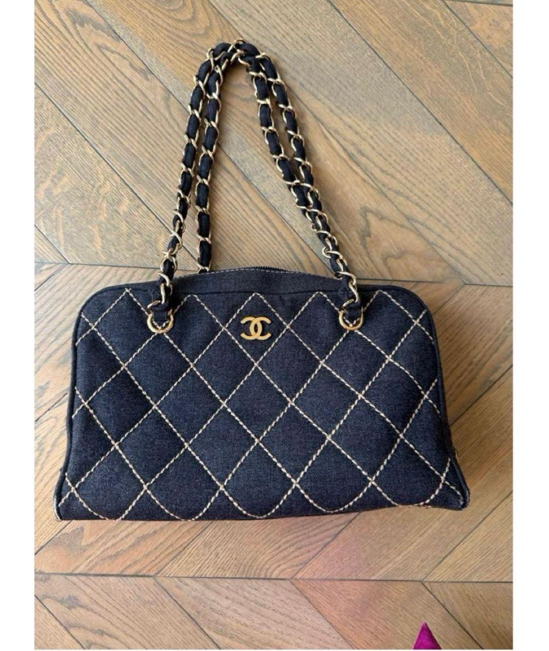 CHANEL Темно-синяя шерстяная сумка с короткими ручками, фото 2