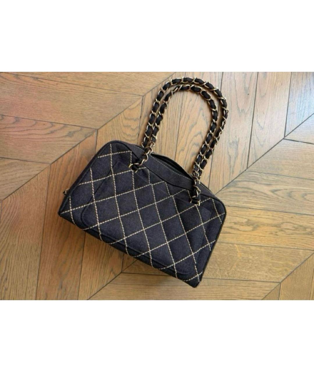 CHANEL Темно-синяя шерстяная сумка с короткими ручками, фото 3