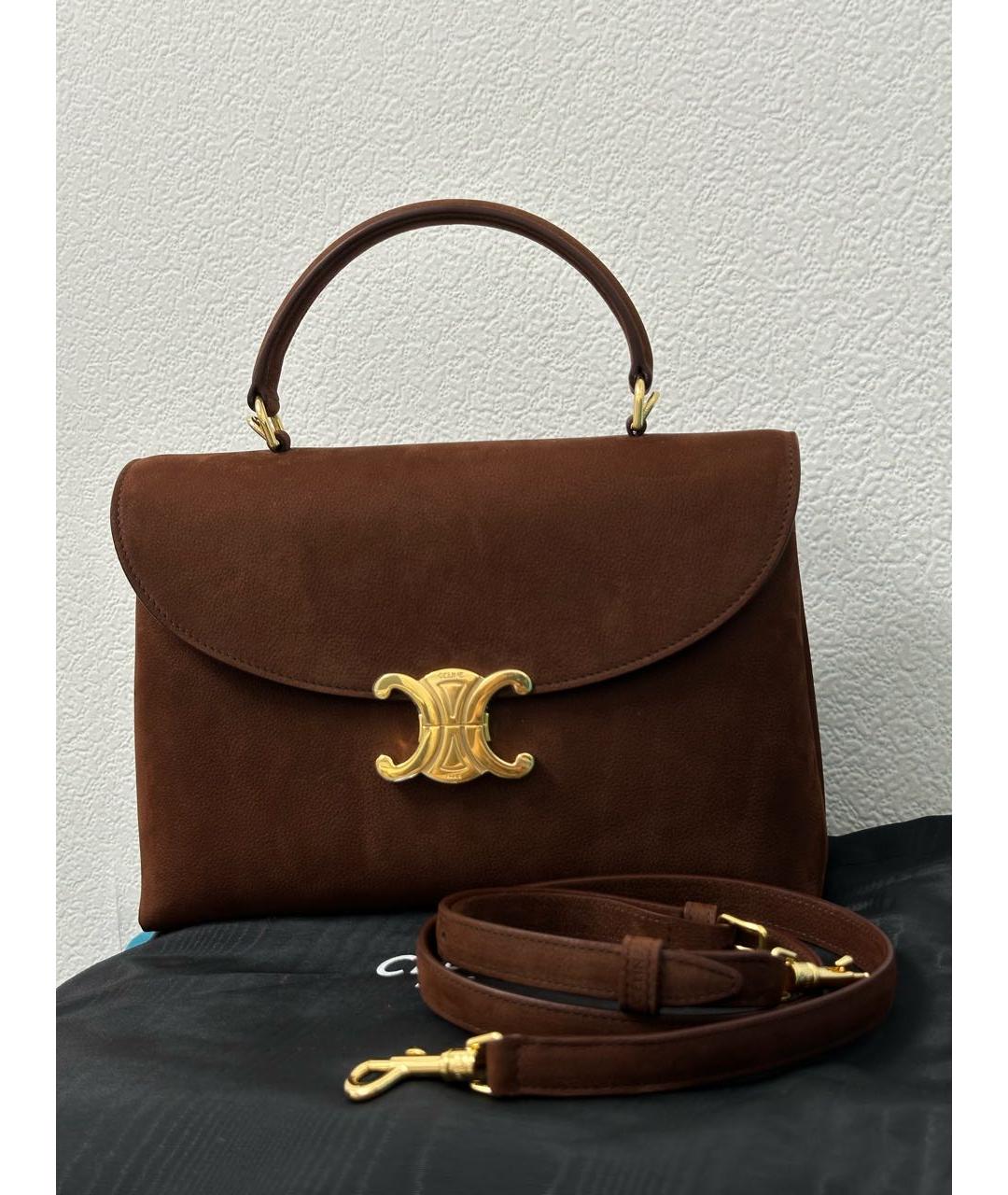 CELINE Коричневая кожаная сумка с короткими ручками, фото 5